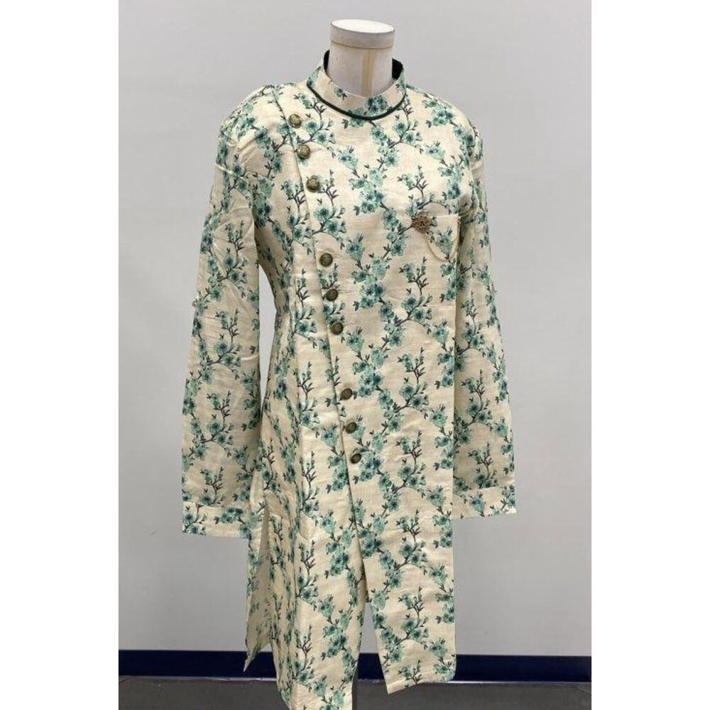Sherwani Mens Indian Wedding Jacket 40 Formal Tan Green Floral Buttons NWT Beige